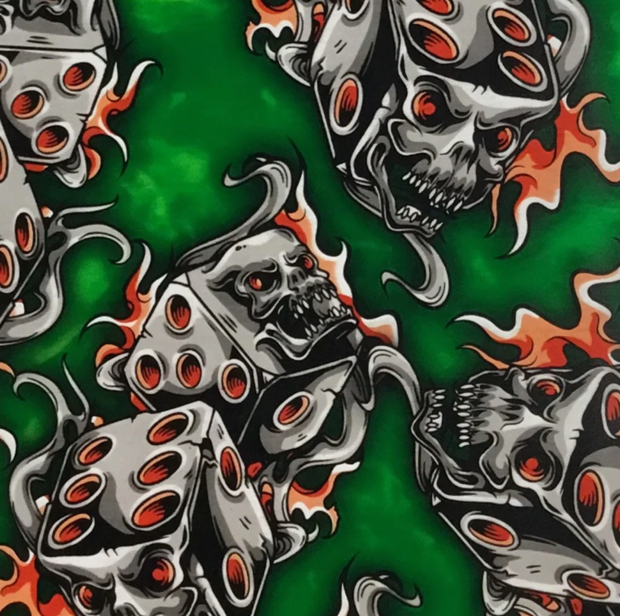 GREEN ORANGE FLAMING DICE SKULLS